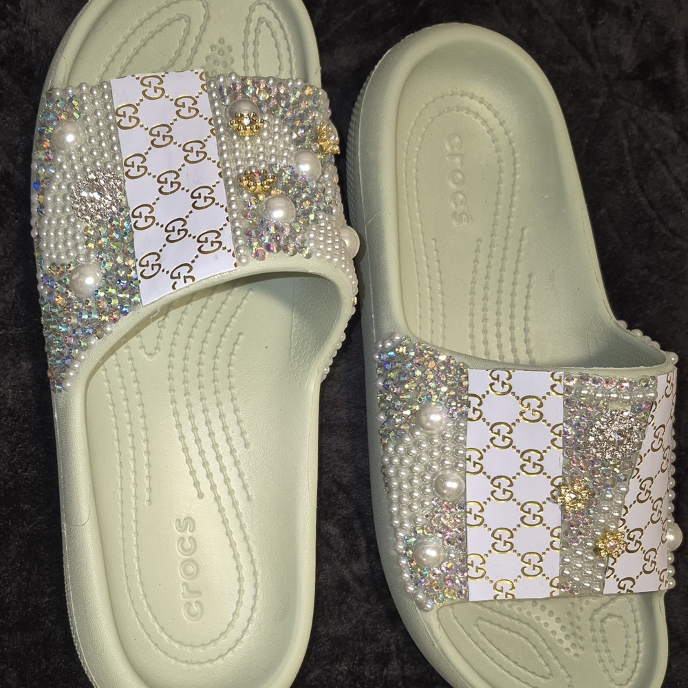 Embellished Green Crocs Slides